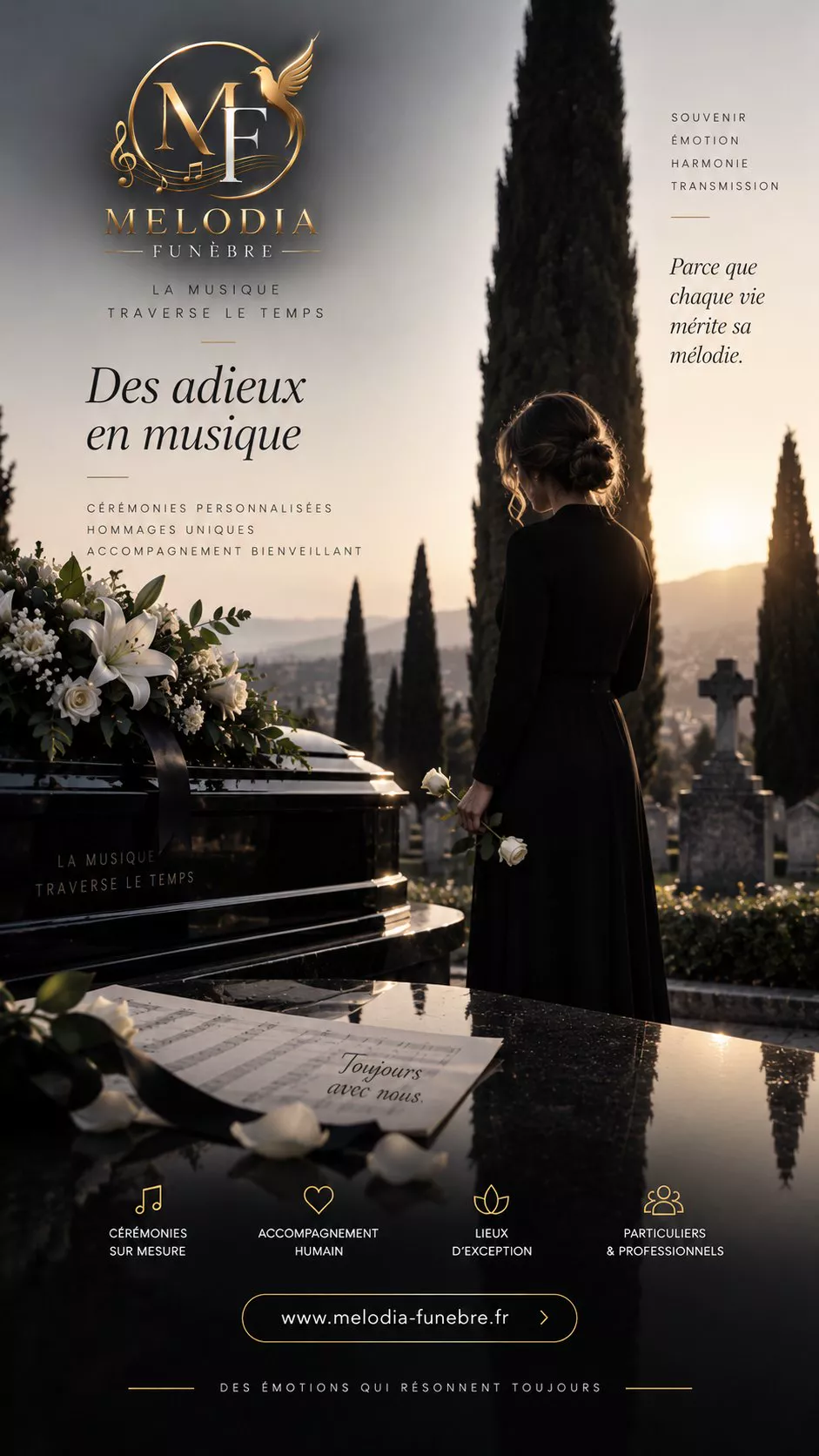 Une femme en noir, une rose à la main, devant une sépulture fleurie au soleil couchant