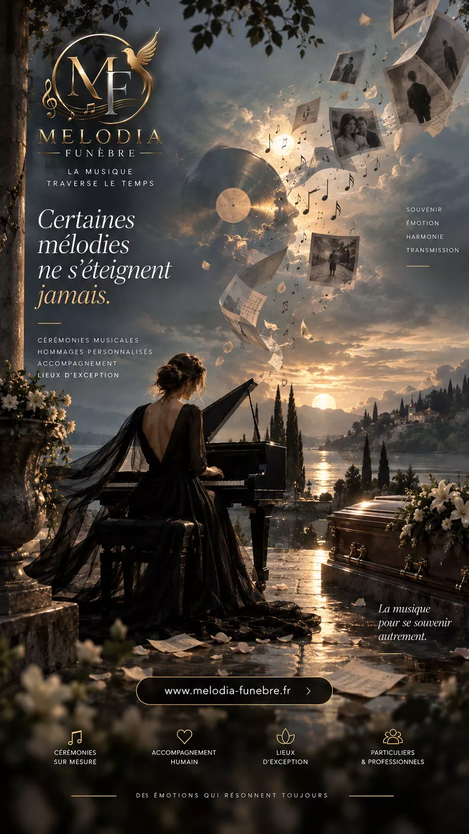 Une composition musicale évoquée par une portée dorée et des photographies de famille
