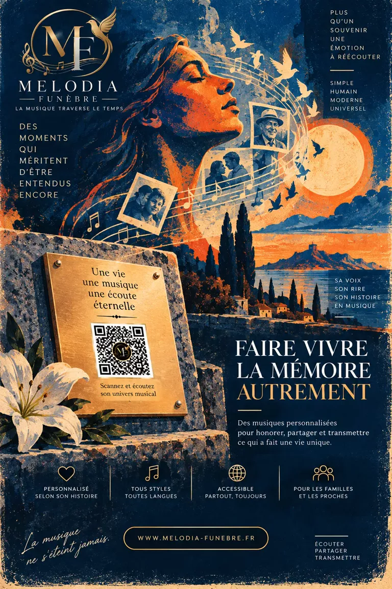 Un visage de profil dessiné, des photographies de famille qui remontent le long d’une portée, et une plaque gravée portant un QR code