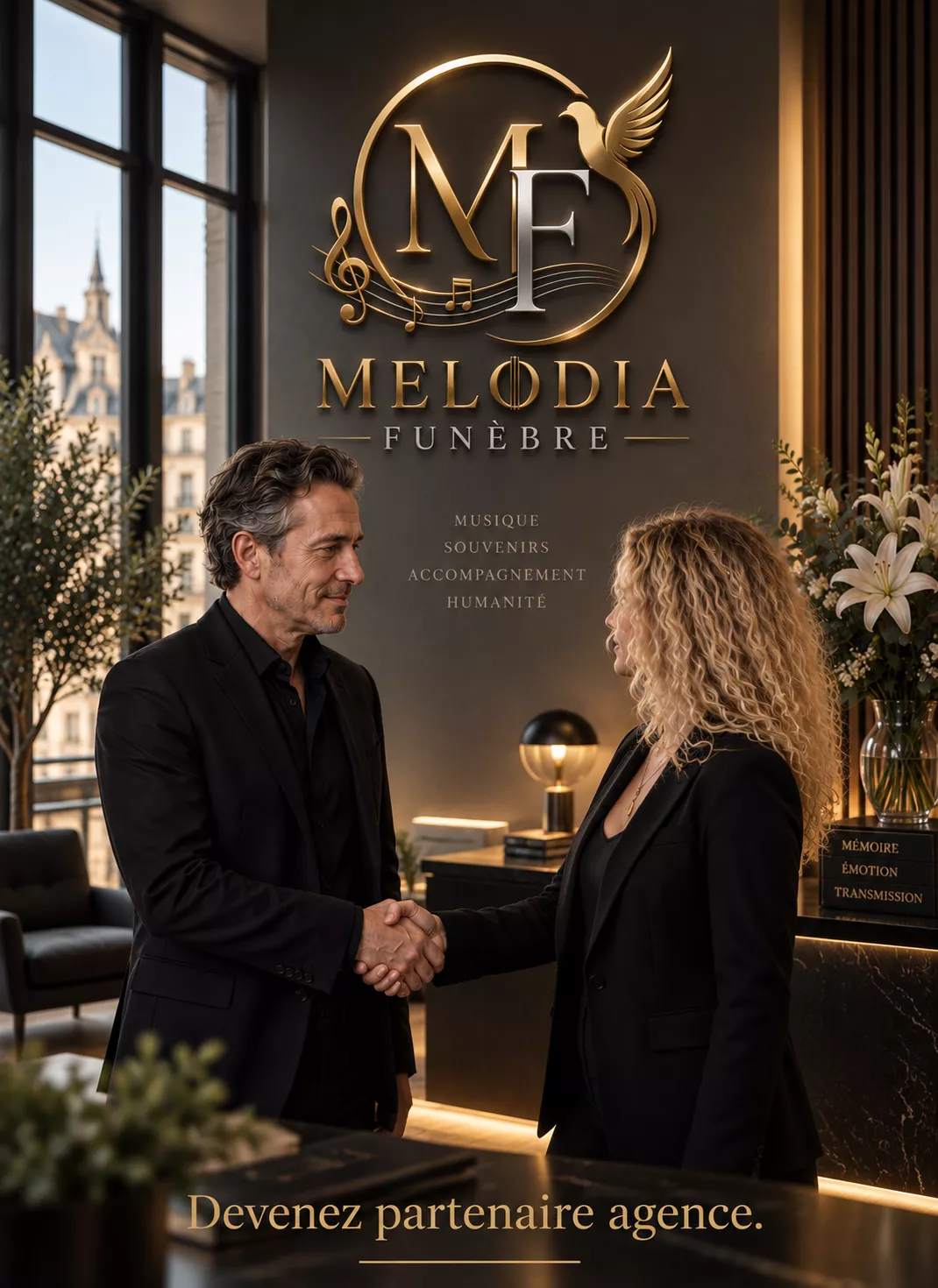 Deux professionnels se serrant la main dans le hall d’une agence, sous le logo Melodia Funèbre