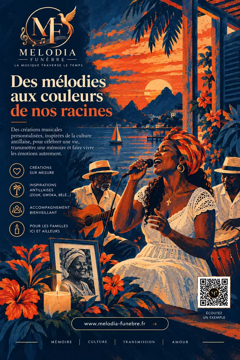 Une chanteuse antillaise au micro, accompagnée d’un guitariste et d’un joueur de tambour, devant une baie au coucher du soleil ; un portrait encadré et une bougie au premier plan