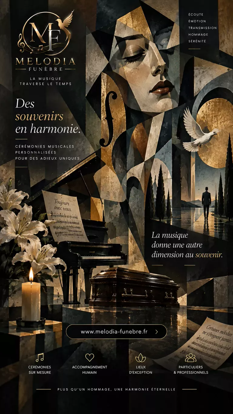 Composition cubiste en or et ardoise : un visage de femme, un piano à queue, une partition et un cercueil, éclairés d’une bougie