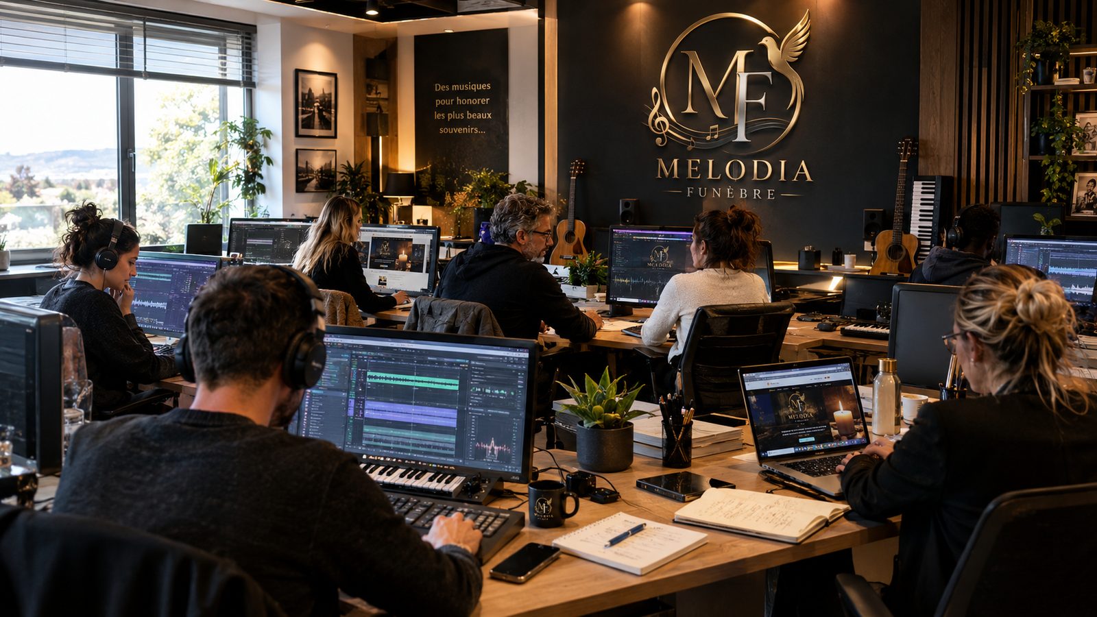 L'atelier de Melodia Funèbre : la maison au travail, casques sur les oreilles, devant les stations de composition.