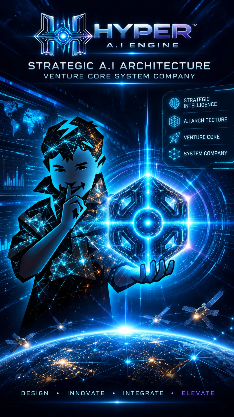 Affiche de Hyper A.I Engine : une silhouette de réseau lumineux tient un noyau hexagonal au-dessus d’une Terre constellée de satellites ; à droite, quatre intitulés — Strategic Intelligence, A.I Architecture, Venture Core, System Company.