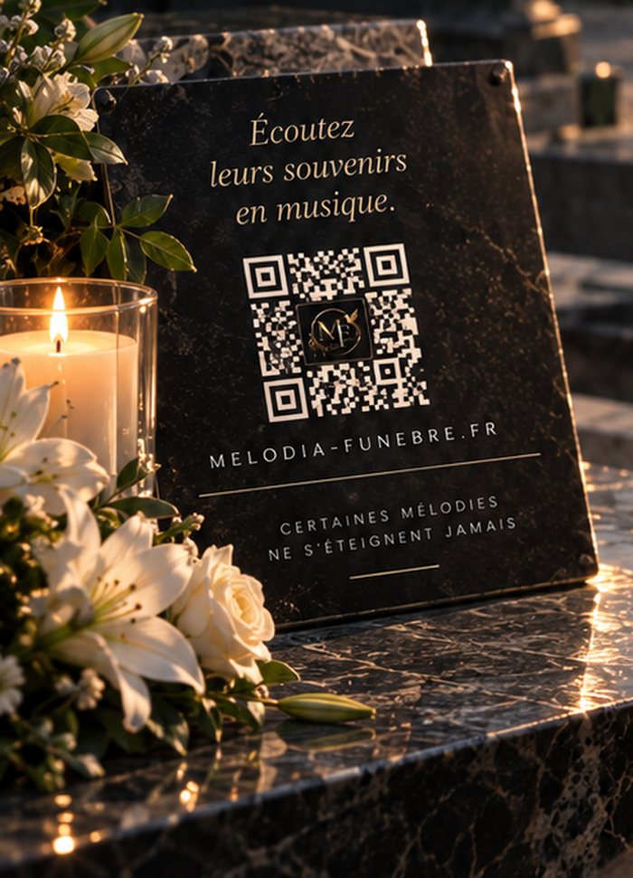 Plaque de granit noir gravée d'un QR code, posée sur une sépulture entre une bougie et des lys blancs.