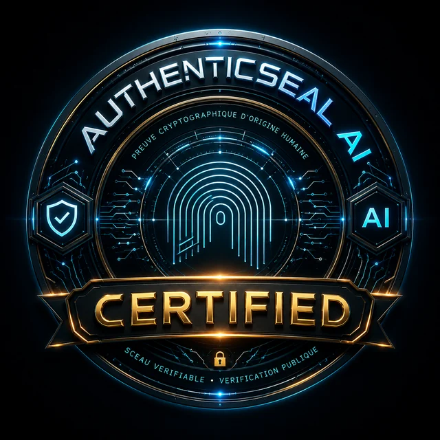 Sceau d’AuthenticSeal AI : un médaillon circuit imprimé bleu et or portant une empreinte digitale stylisée et le mot « Certified ».