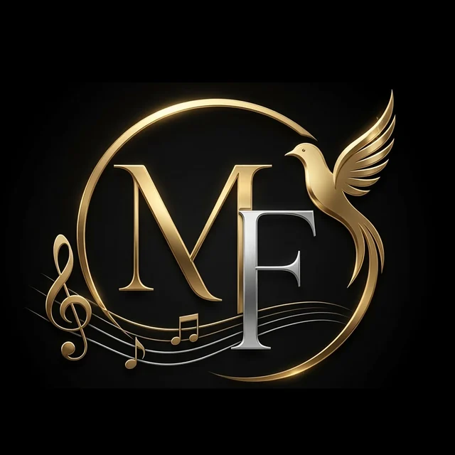Emblème de Melodia Funèbre : les initiales MF en or dans un anneau, une colombe, une clé de sol et une portée.