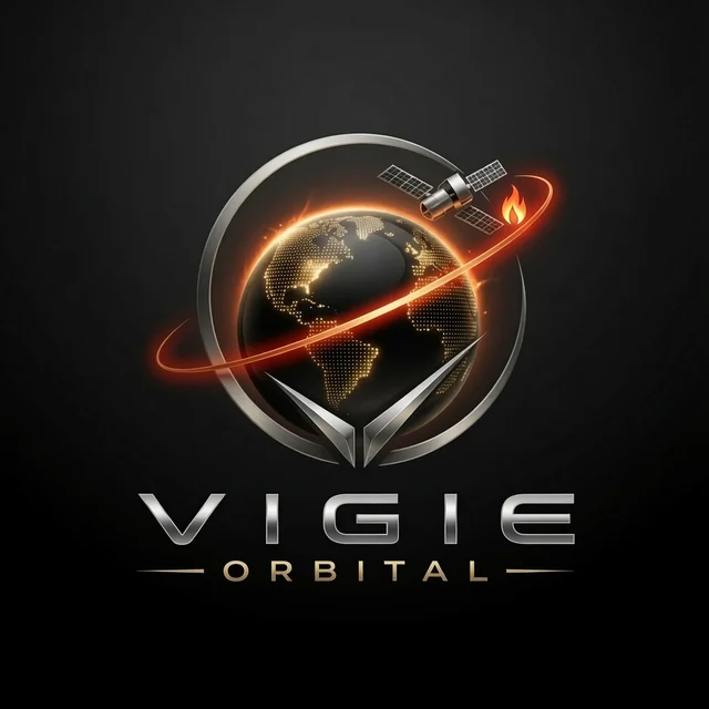 Emblème de Vigie Orbitale : un globe terrestre sombre ceint d’un anneau d’acier et d’une traînée orange, un satellite en orbite.